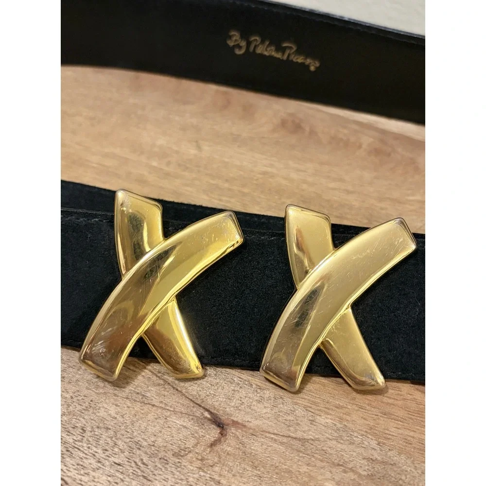 Paloma Picasso Vintage 90s Black Leather Gold X Motif Belt Size L 80
